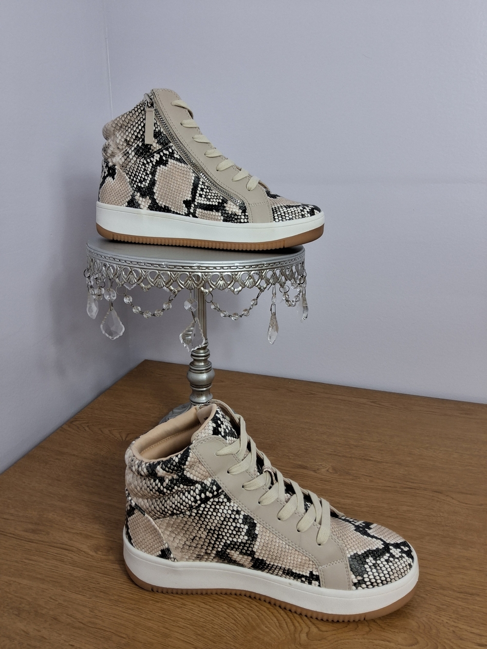 JustFab Snakeskin High-Top Sneakers Lace-up Side Zip in Beige/Black/White 8.5